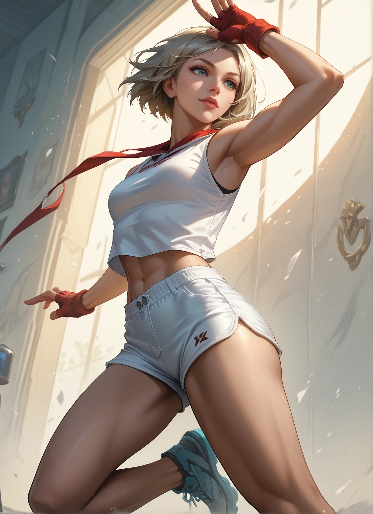 1girl, gloves, shorts, solo, fingerless gloves, navel · Yamete.gg