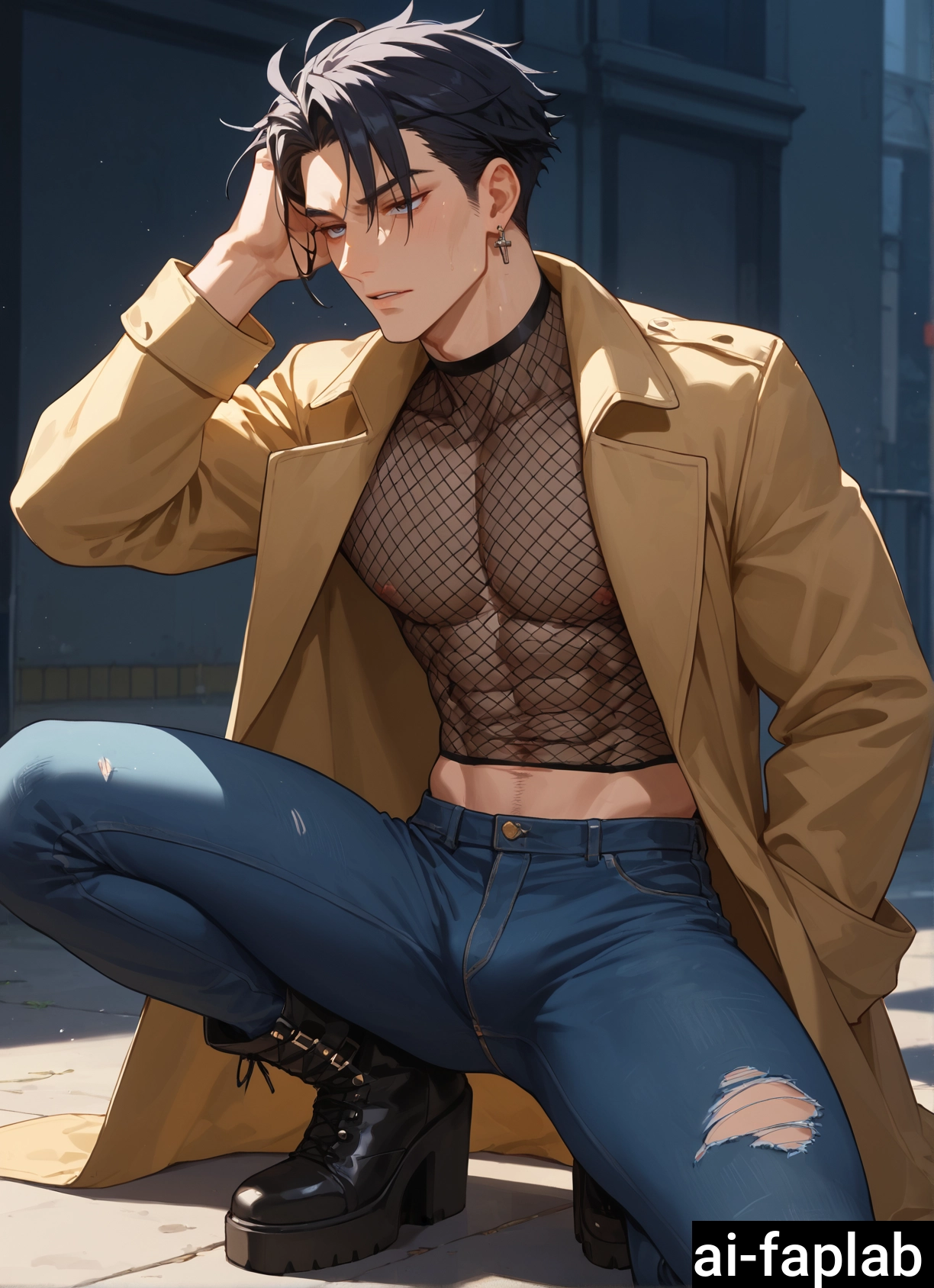 male focus, 1boy, solo, pants, pectorals, torn clothes