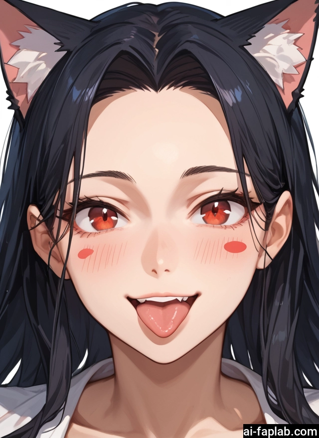 1girl, animal ears, tongue, solo, tongue out, black hair