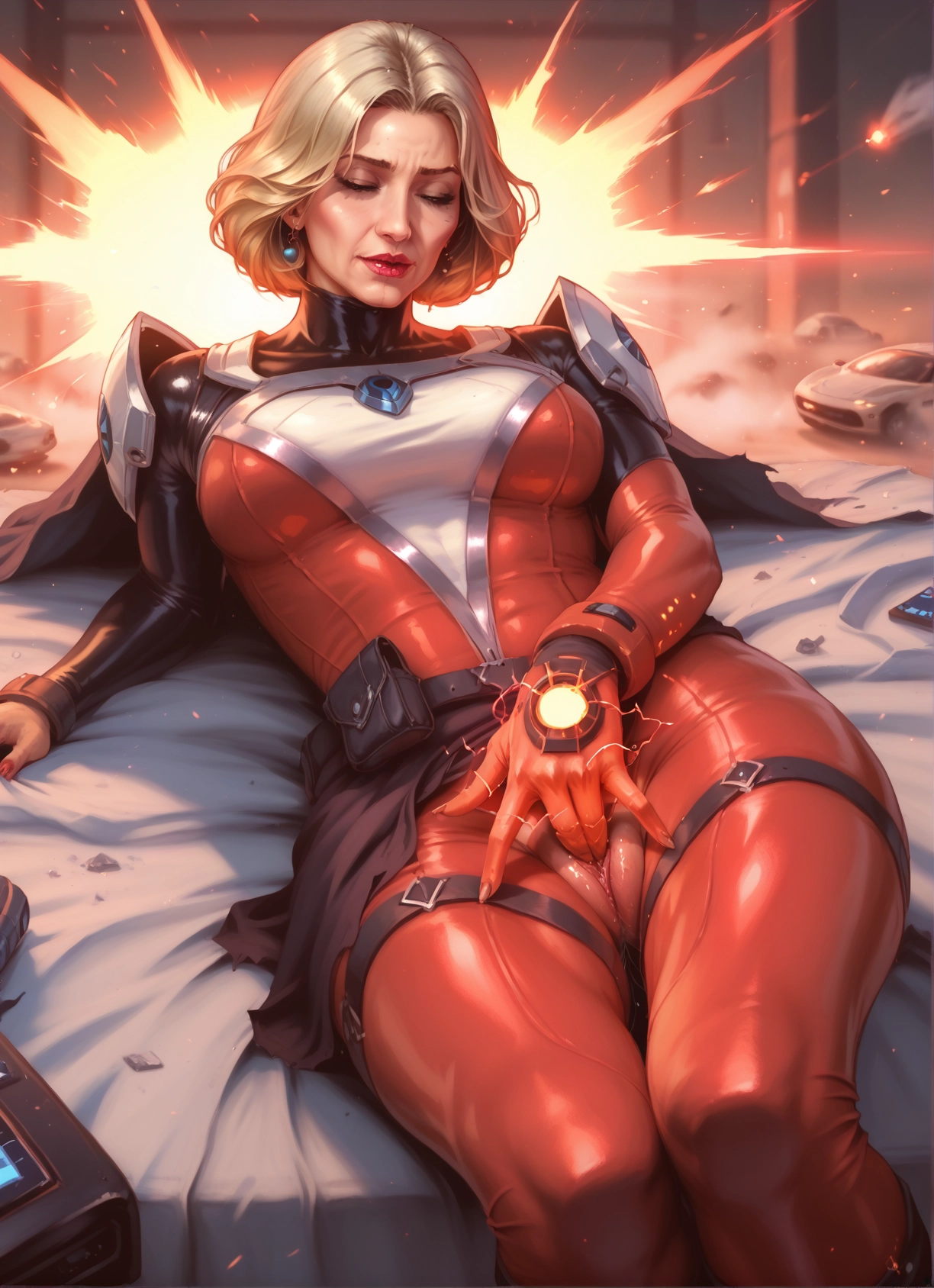 1girl, solo, bodysuit, blonde hair, jewelry, breasts · Yamete.gg