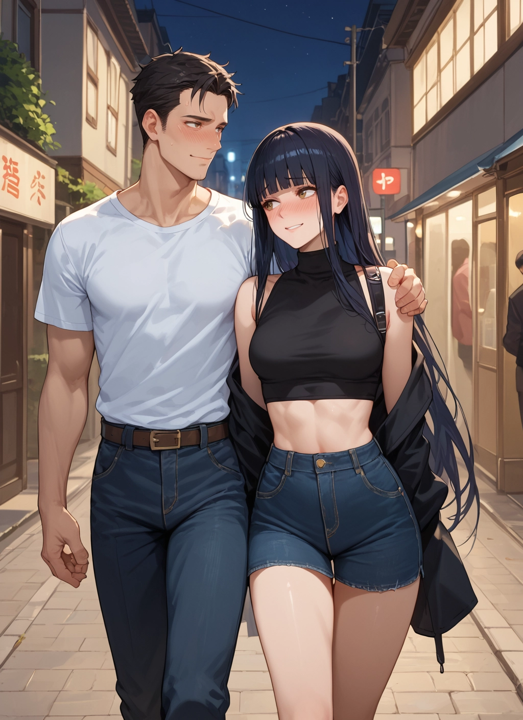 1girl, long hair, black hair, 1boy, blush, shorts · Yamete.gg