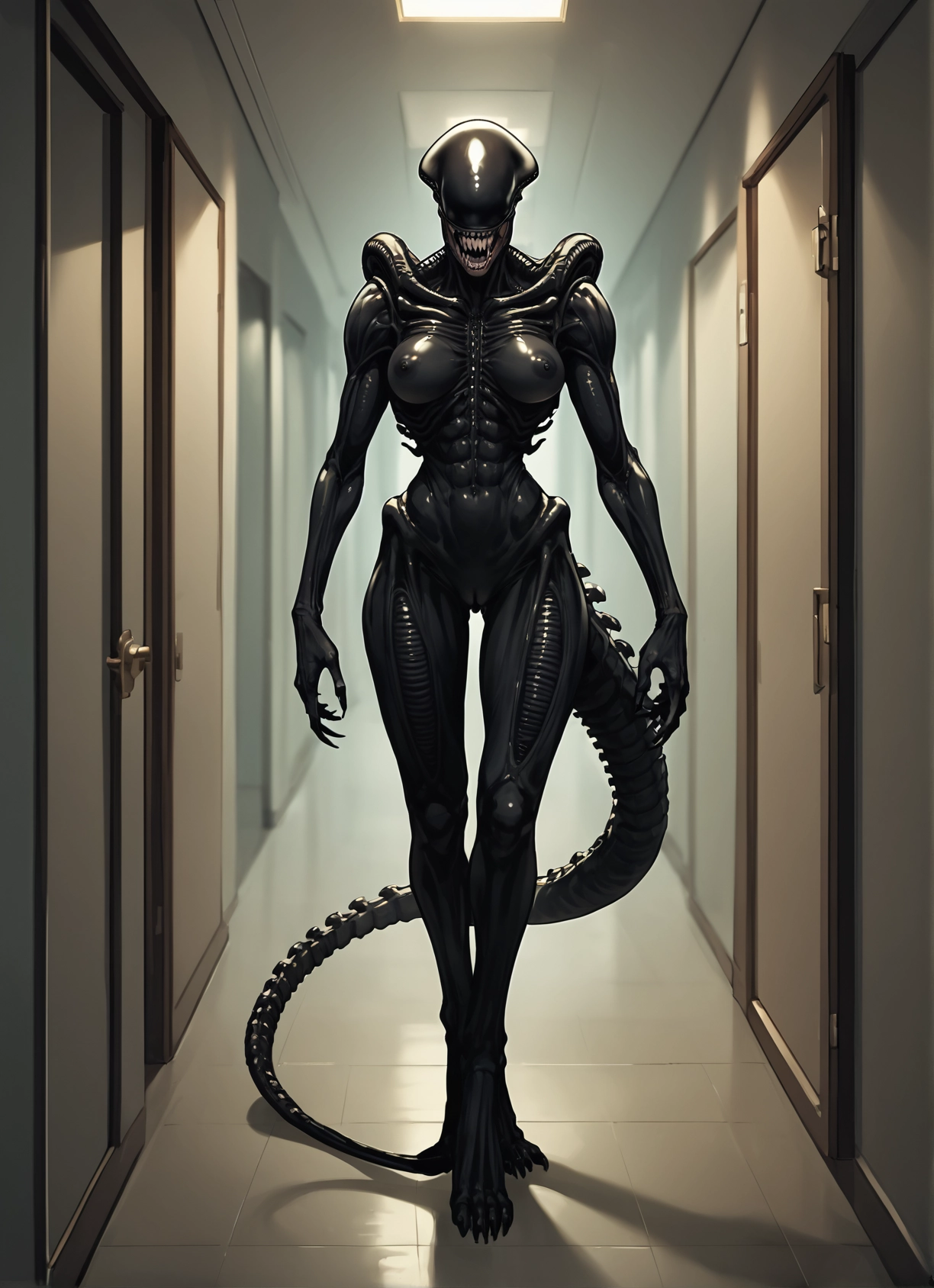 1girl, tail, breasts, solo, teeth, sharp teeth · Yamete.gg