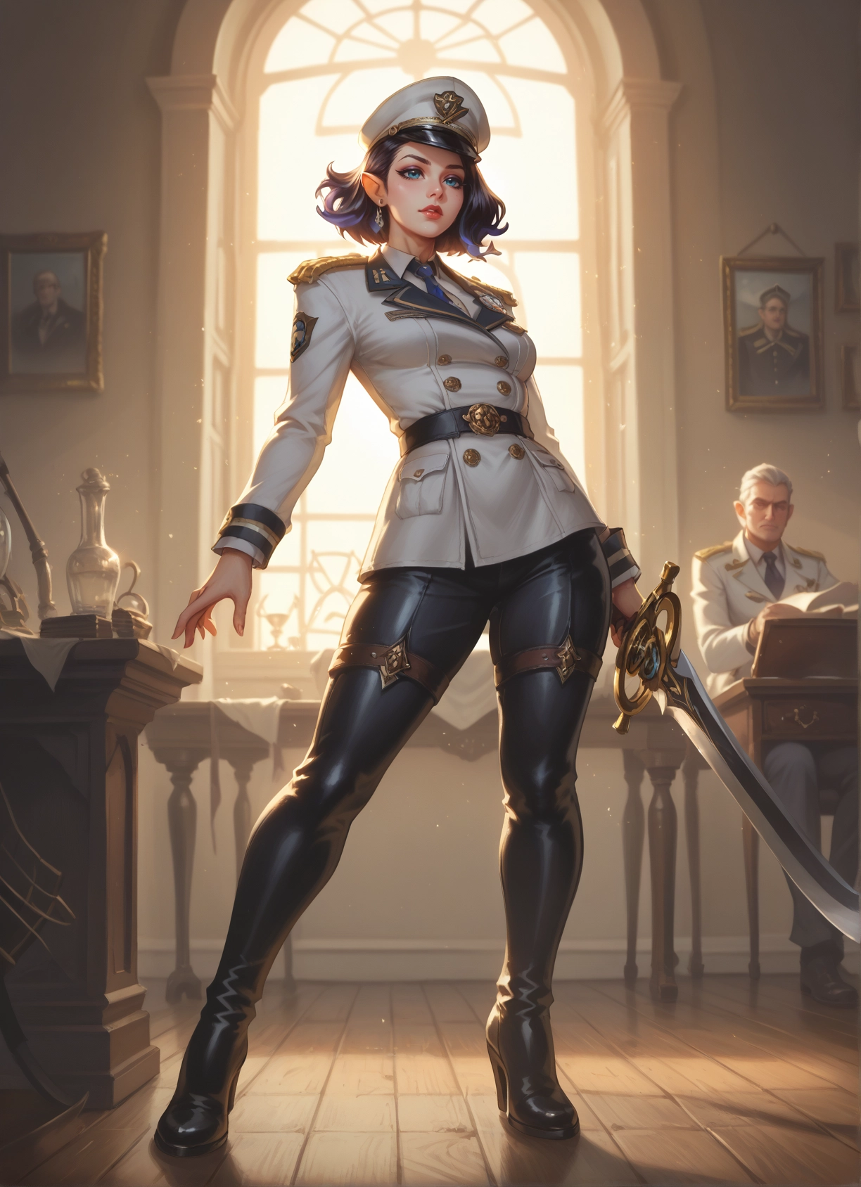 1girl, weapon, sword, 1boy, uniform, hat · Yamete.gg