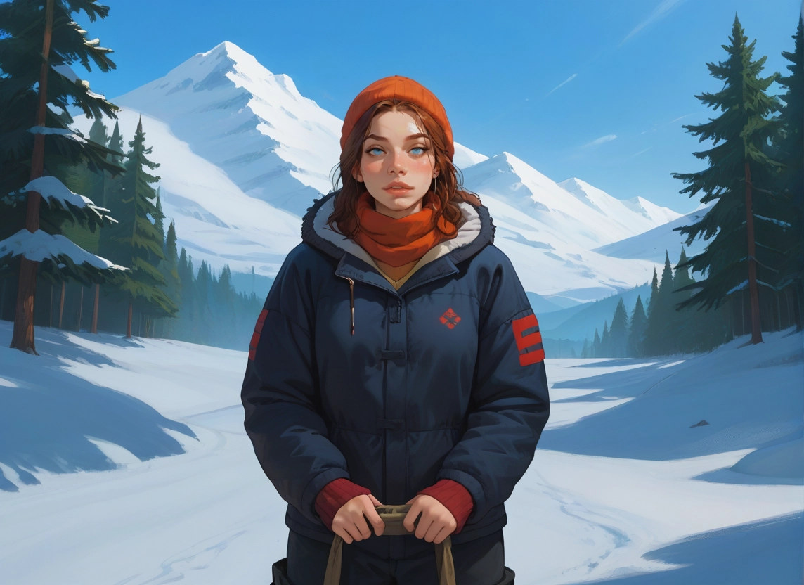 1girl, solo, blue eyes, snow, mountain, tree