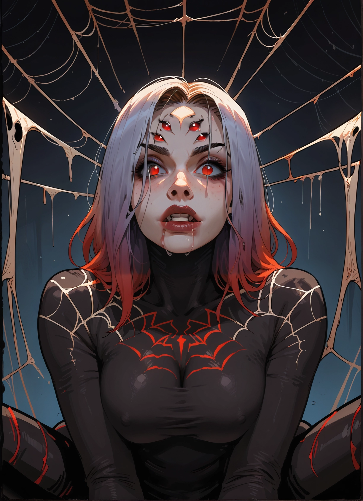 1girl, breasts, solo, spider web, silk, red eyes · Yamete.gg