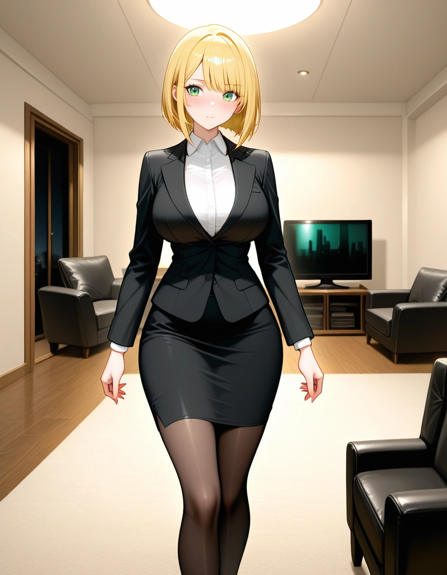 1girl, blonde hair, green eyes, solo, skirt, pantyhose · Yamete.gg