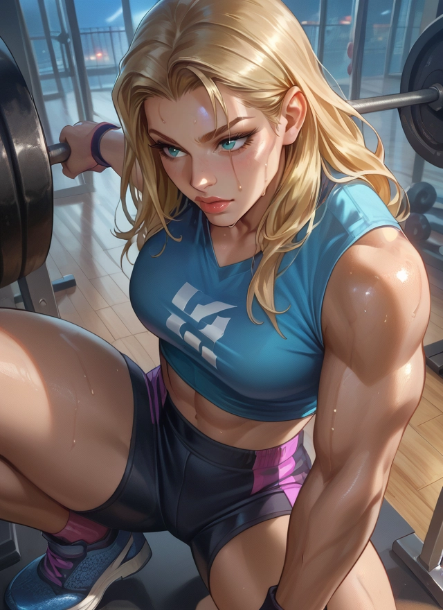 1girl, blonde hair, muscular, sweat, muscular female, solo · Yamete.gg