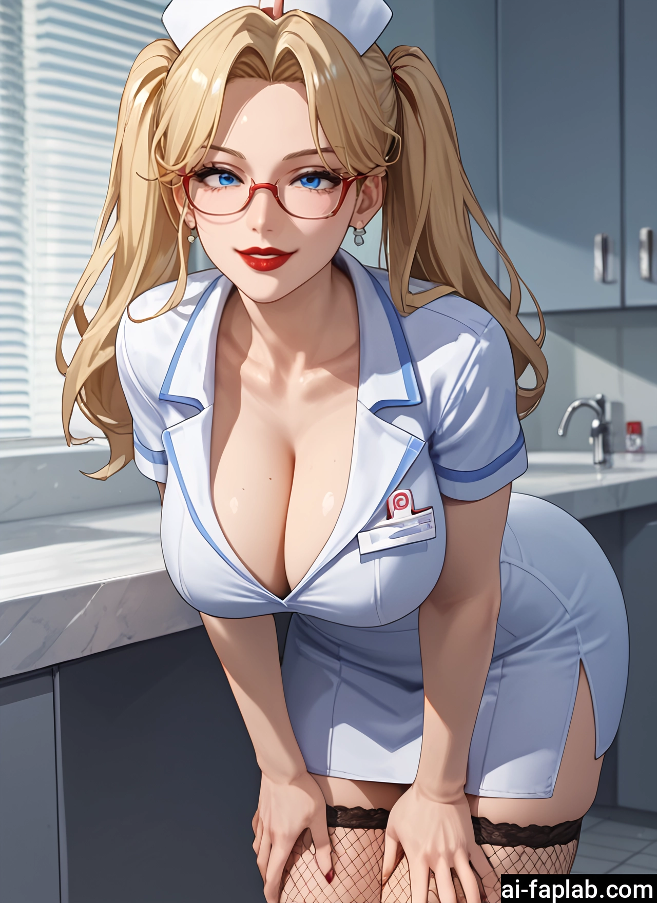 breasts, 1girl, twintails, blue eyes, hat, cleavage · Yamete.gg