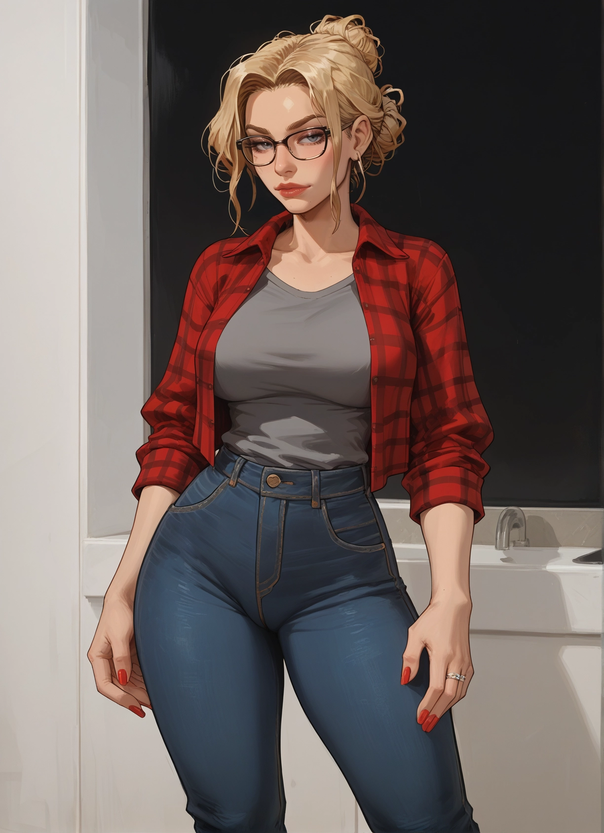1girl, jewelry, blonde hair, pants, glasses, ring · Yamete.gg
