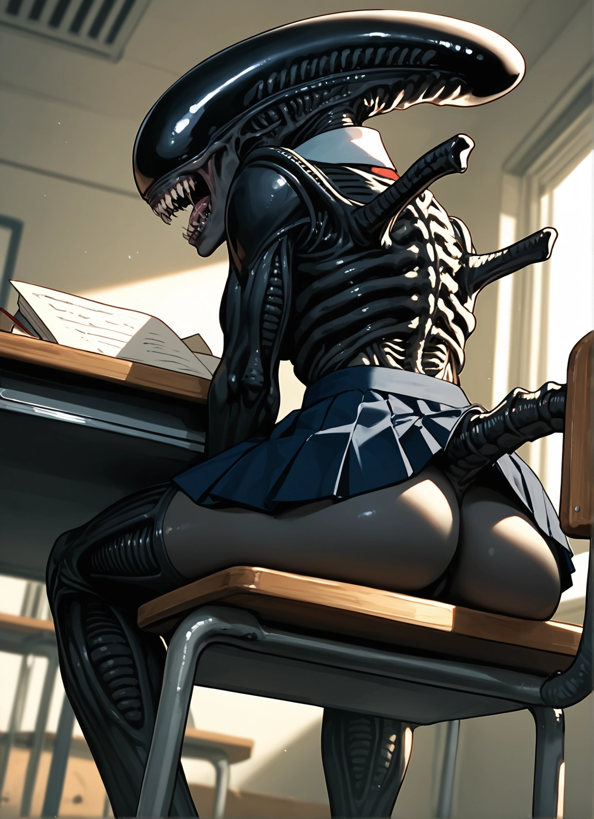 skirt, ass, desk, thighhighs, 1girl, sitting · Yamete.gg