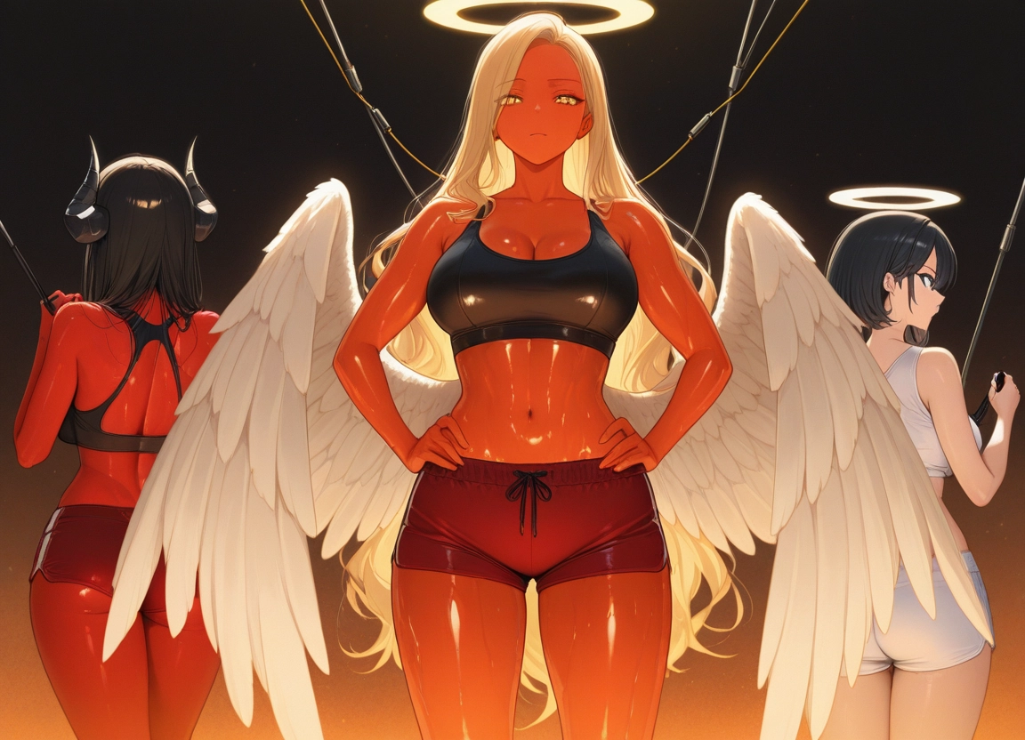 multiple girls, wings, breasts, horns, halo, long hair · Yamete.gg