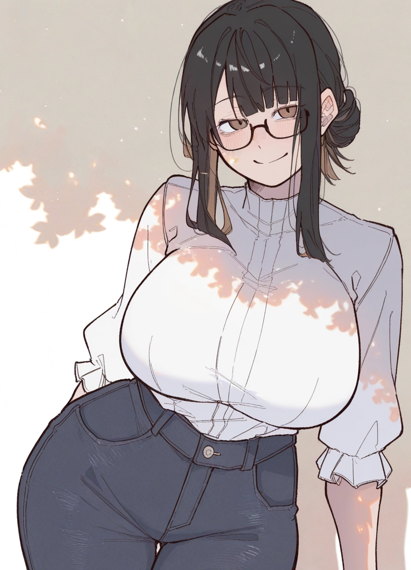 1girl, breasts, glasses, pants, smile, black hair · Yamete.gg