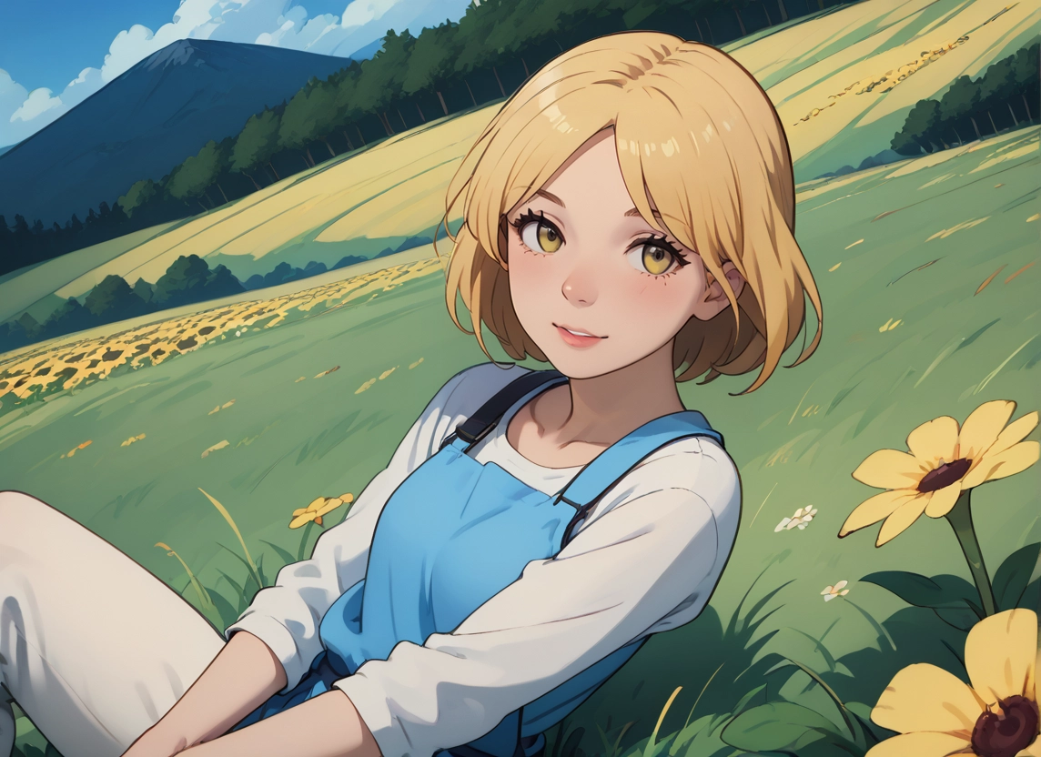 1girl, outdoors, flower, blonde hair, solo, short hair · Yamete.gg
