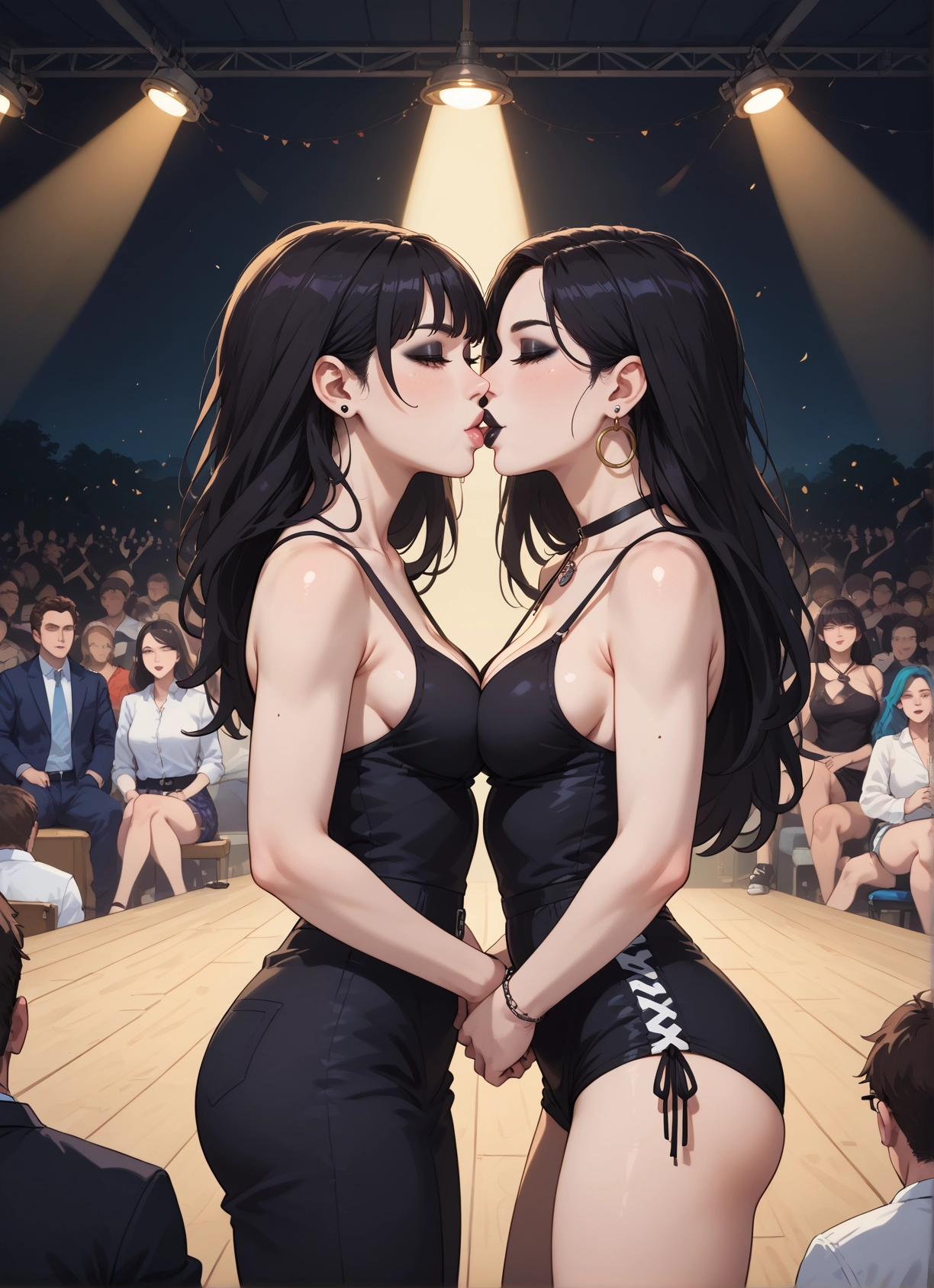 multiple girls, breasts, black hair, jewelry, earrings, mole · Yamete.gg