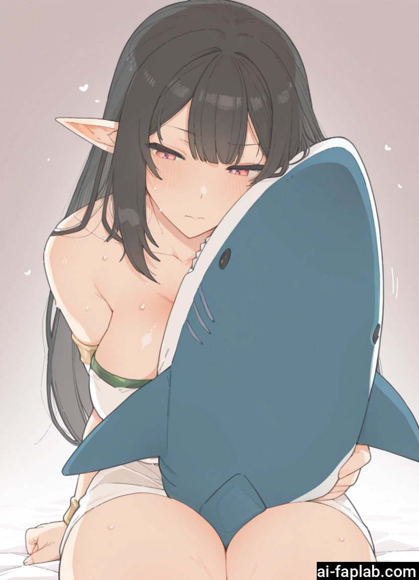 1girl, breasts, pointy ears, solo, long hair, stuffed toy