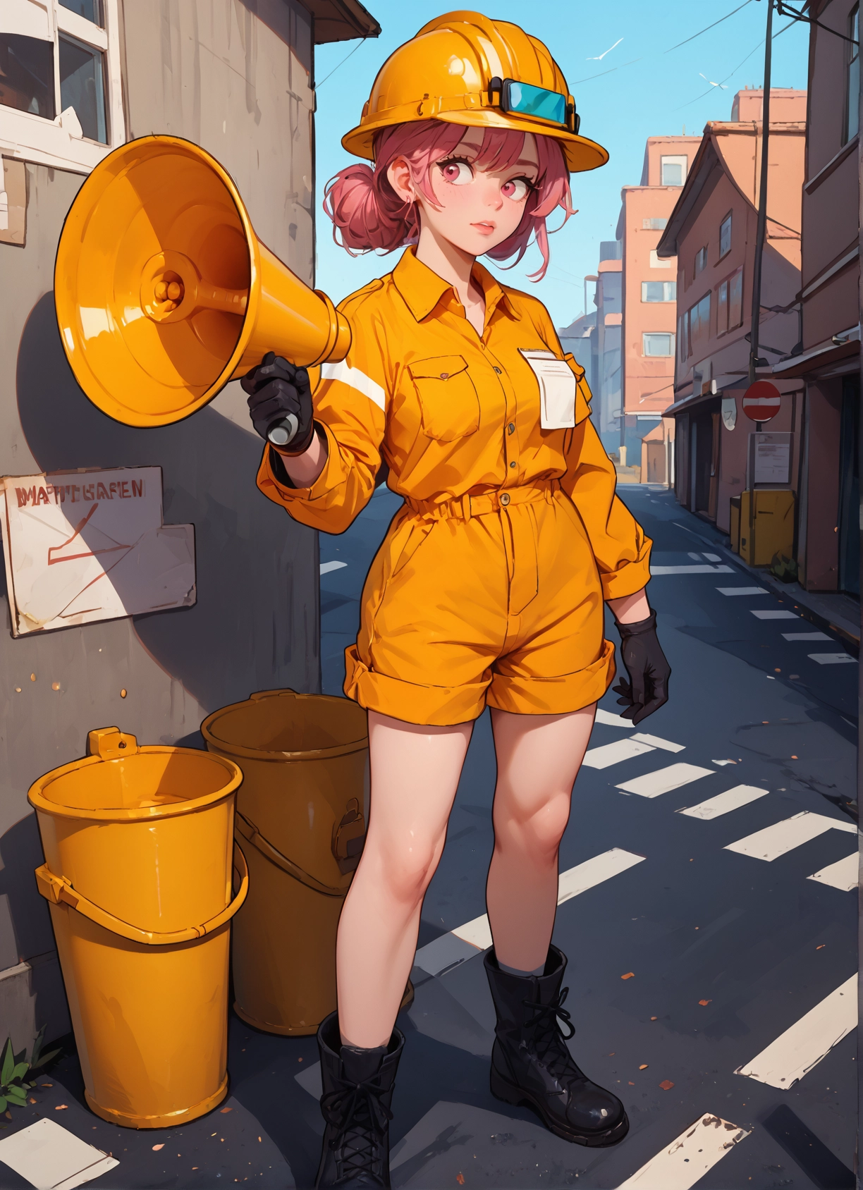 1girl, solo, gloves, megaphone, boots, pink hair · Yamete.gg