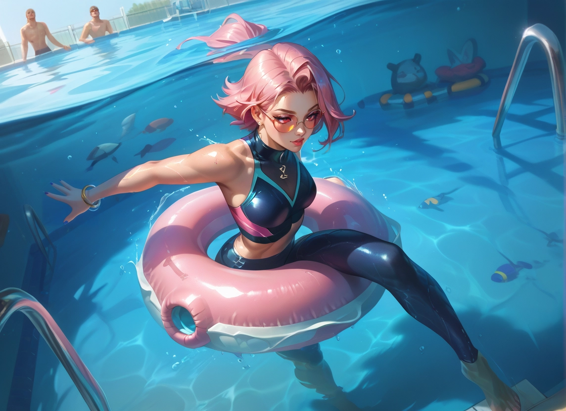 1girl, pink hair, pool, jewelry, fish, 1boy · Yamete.gg