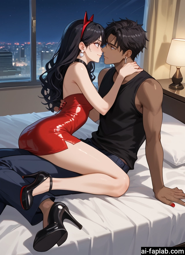 1girl, 1boy, black hair, dress, high heels, jewelry · Yamete.gg