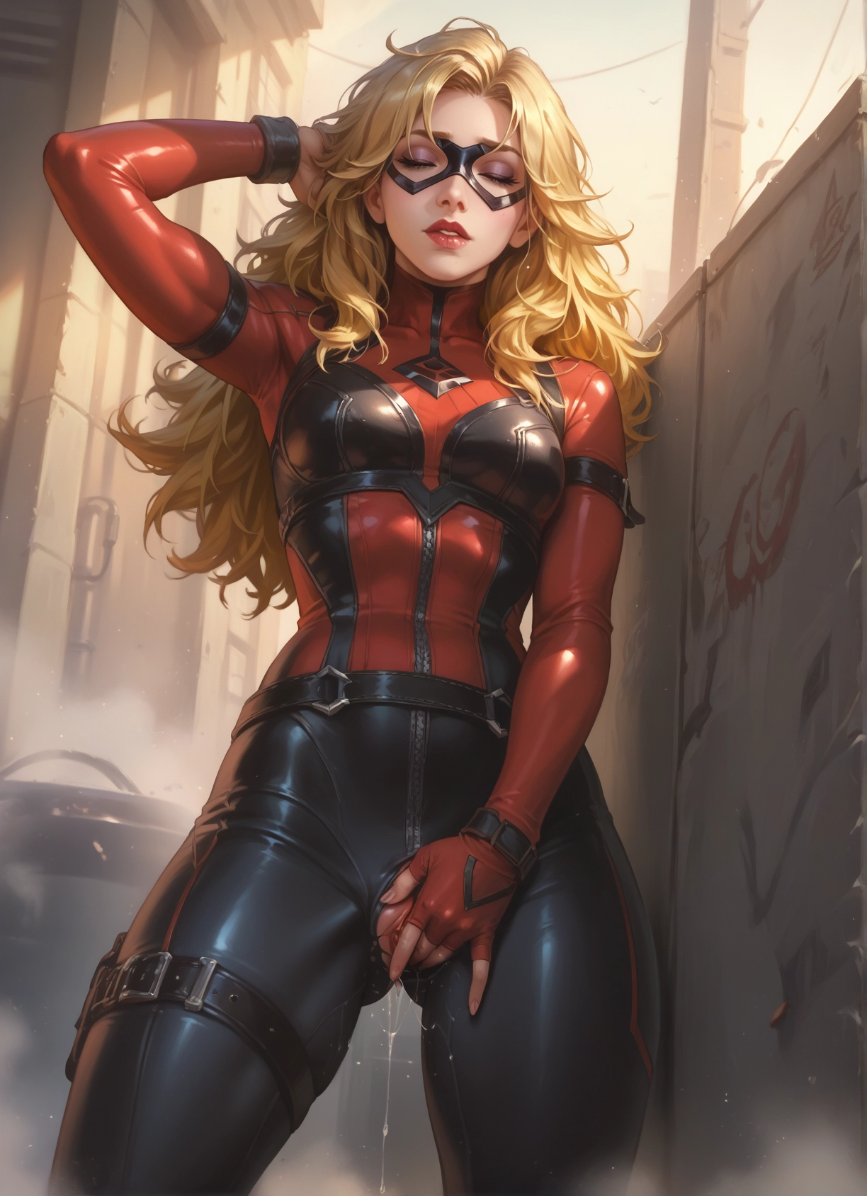 1girl, solo, blonde hair, bodysuit, mask, pussy juice · Yamete.gg