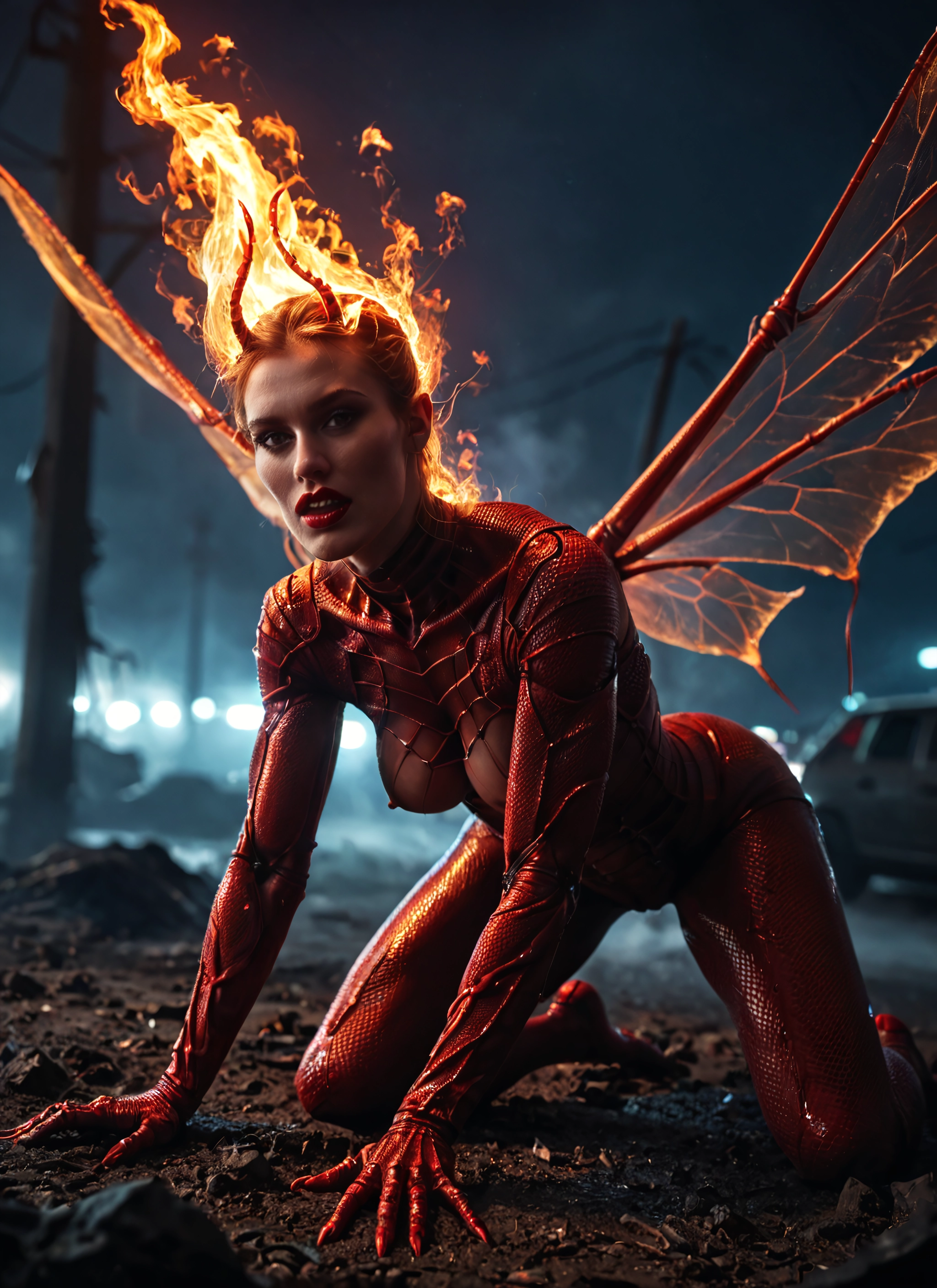 1girl, wings, solo, breasts, all fours, fire · Yamete.gg