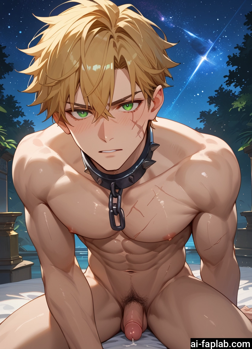 bara, male focus, 1boy, penis, green eyes, blonde hair