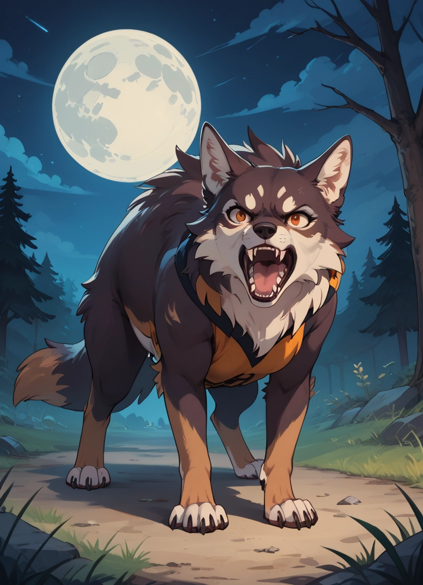 furry, moon, open mouth, night, full moon, tree