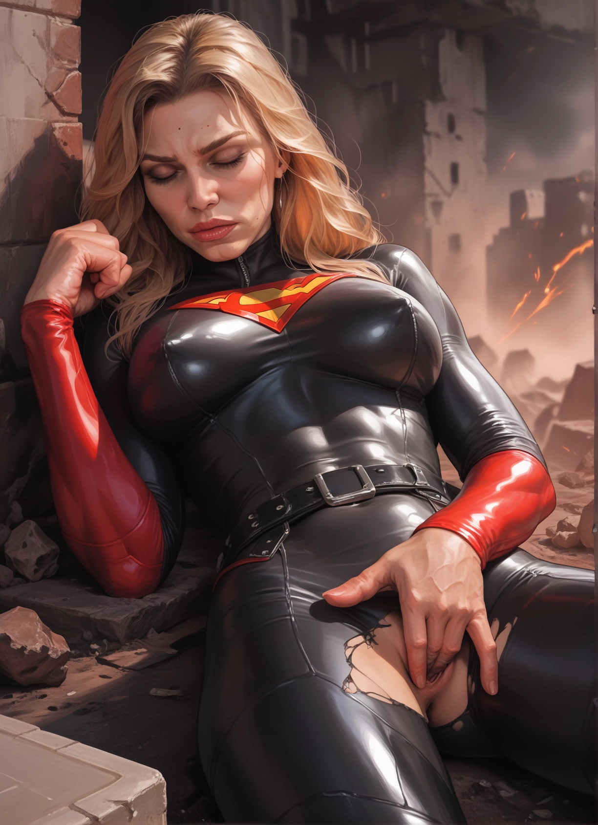 1girl, blonde hair, breasts, bodysuit, torn clothes, solo · Yamete.gg