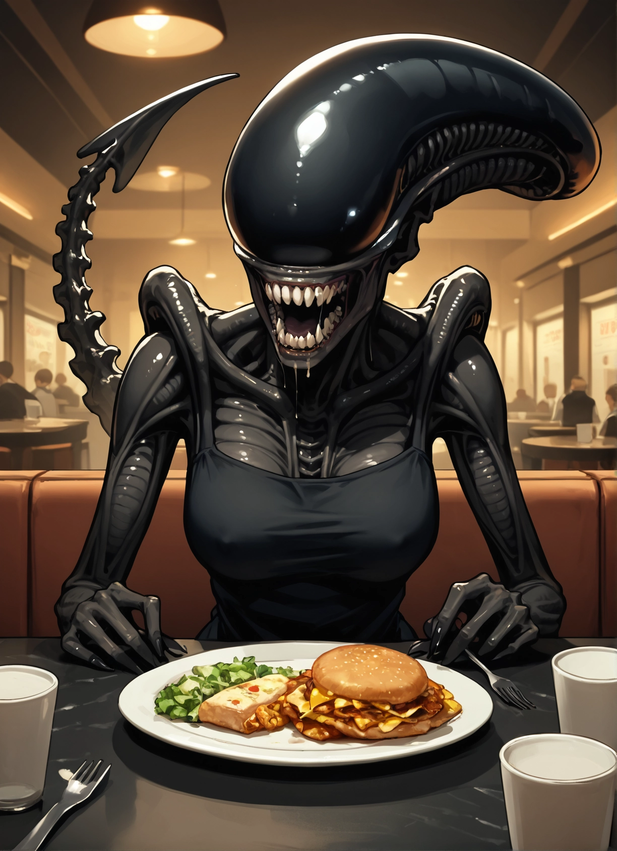 food, breasts, fork, 1girl, cup, teeth · Yamete.gg