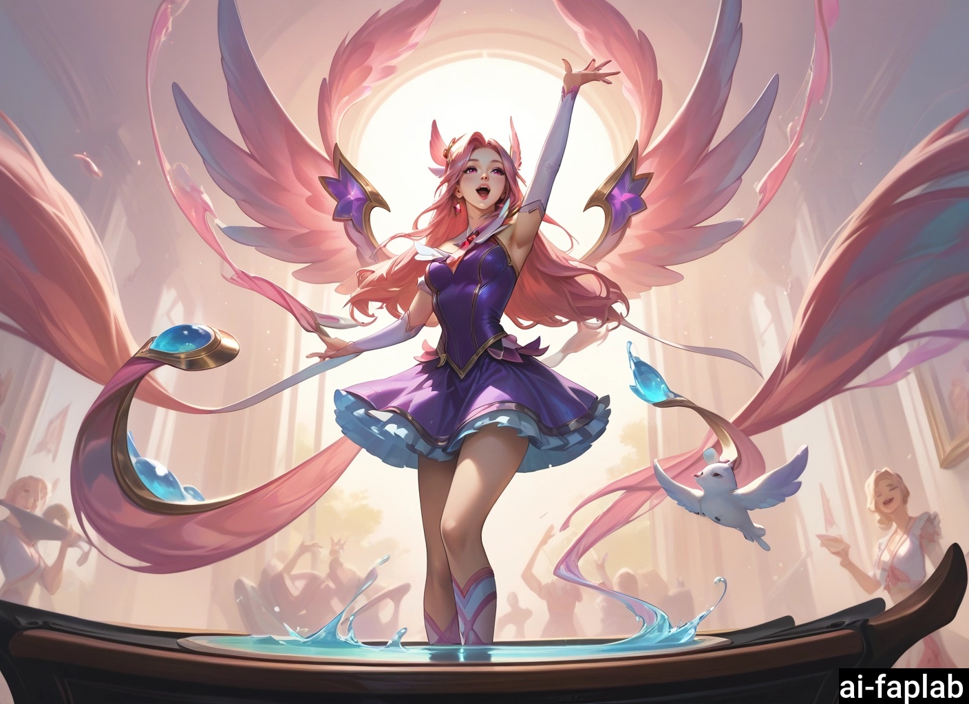 long hair, bird, pink hair, open mouth, arm up, wings · Yamete.gg