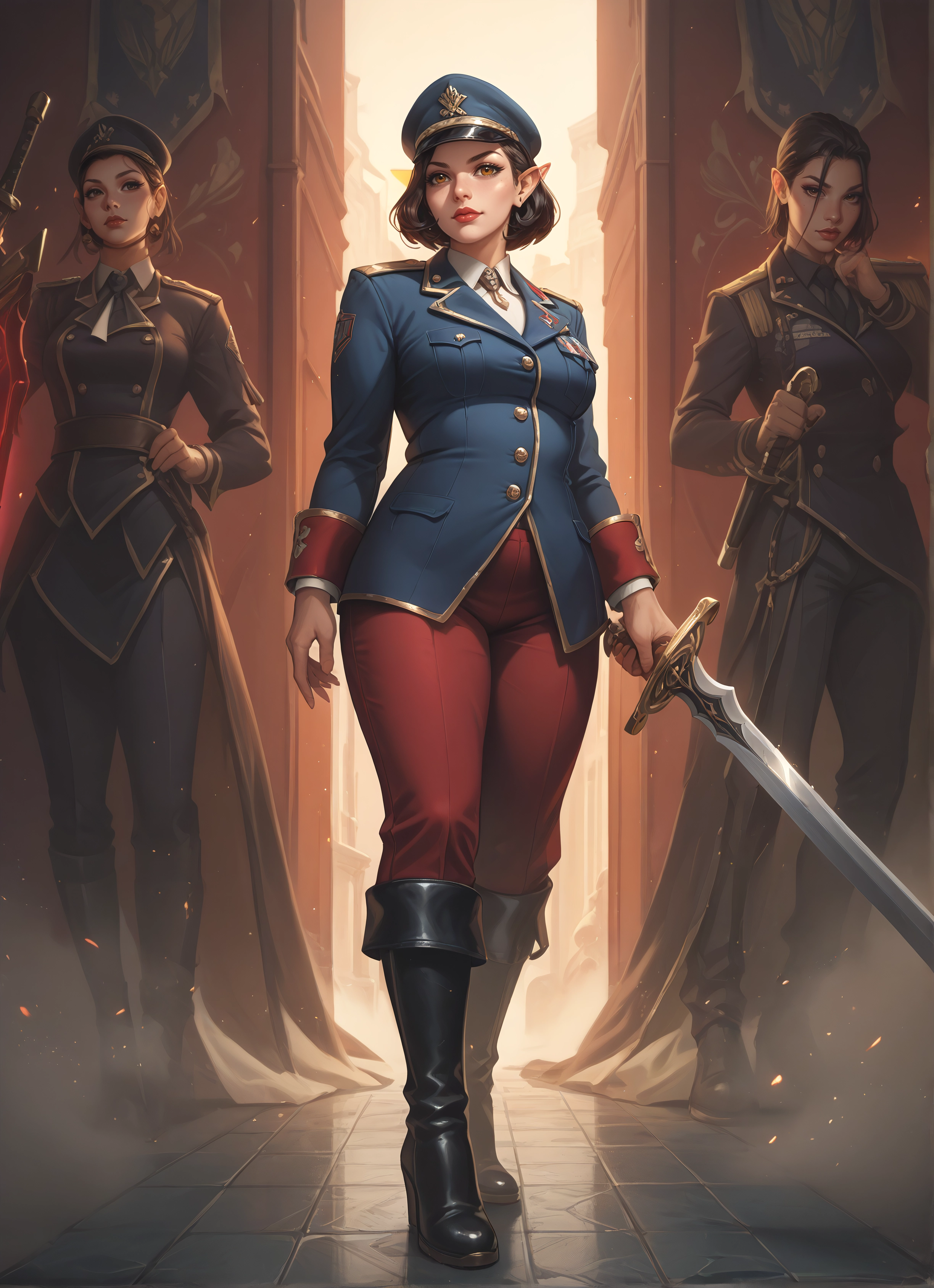 weapon, sword, multiple girls, boots, uniform, hat · Yamete.gg