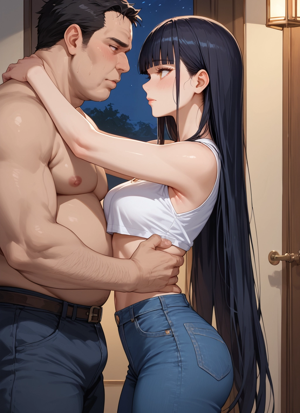 1girl, long hair, 1boy, black hair, pants, breasts · Yamete.gg