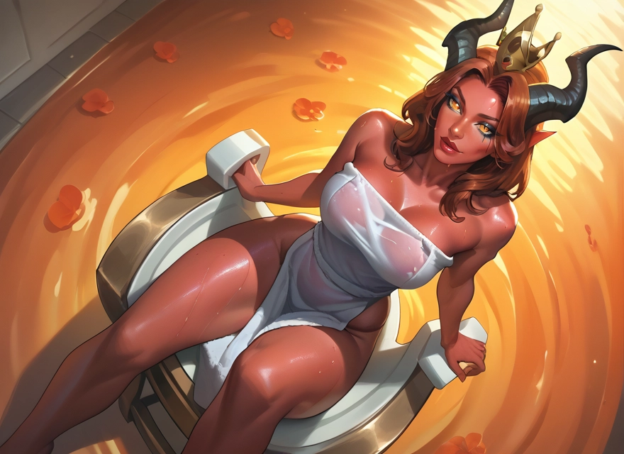 1girl, breasts, horns, towel, solo, pointy ears · Yamete.gg