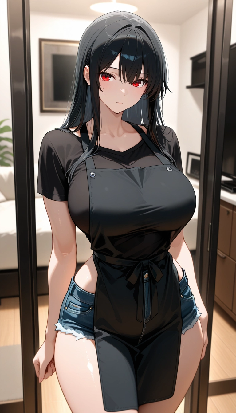 1girl, denim, solo, denim shorts, red eyes, black hair · Yamete.gg