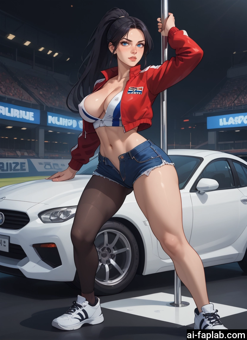 1girl, breasts, shorts, ground vehicle, motor vehicle, blue eyes · Yamete.gg