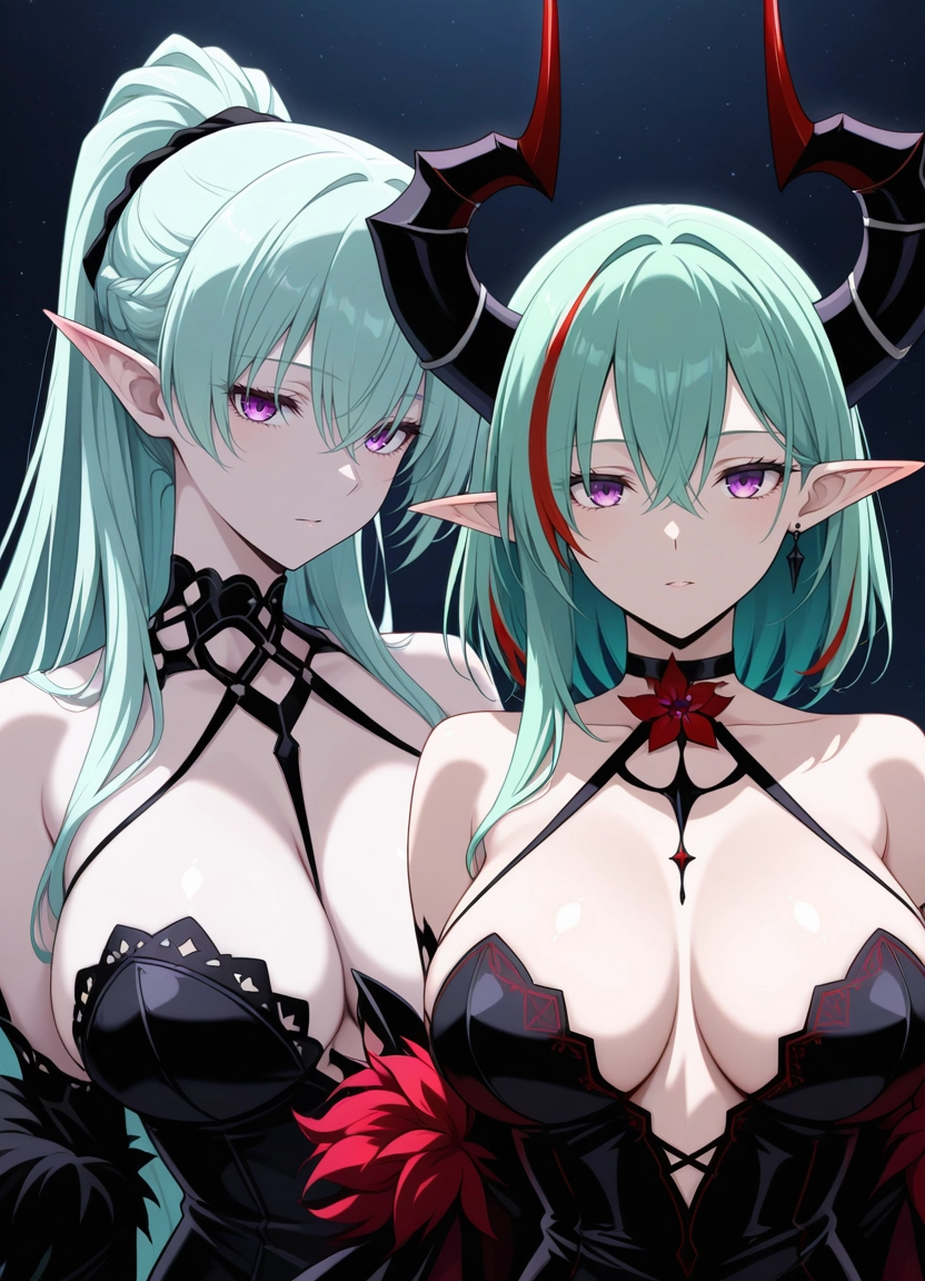 pointy ears, breasts, multiple girls, 2girls, large breasts, purple eyes