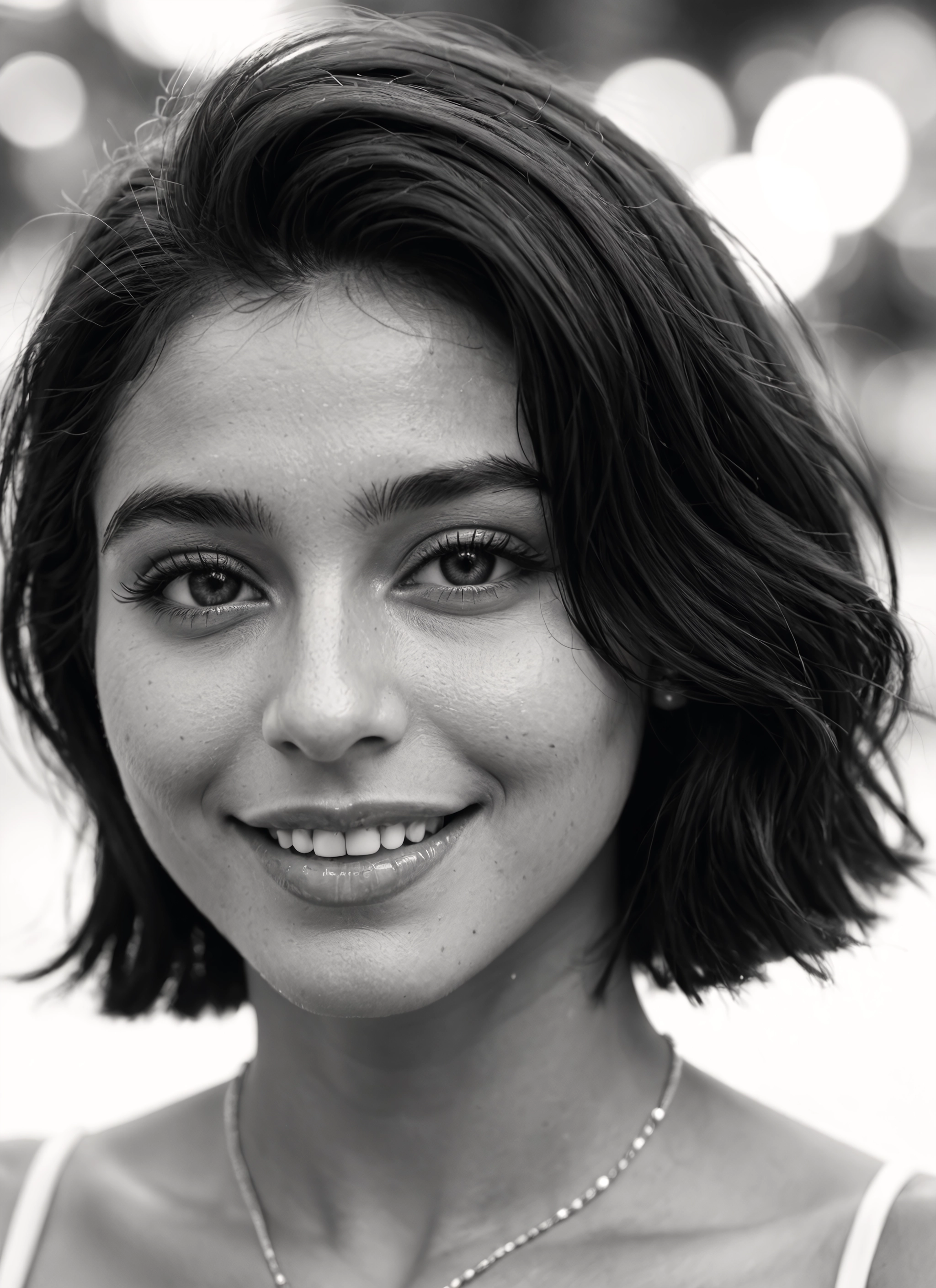 1girl, greyscale, monochrome, solo, jewelry, smile · Yamete.gg