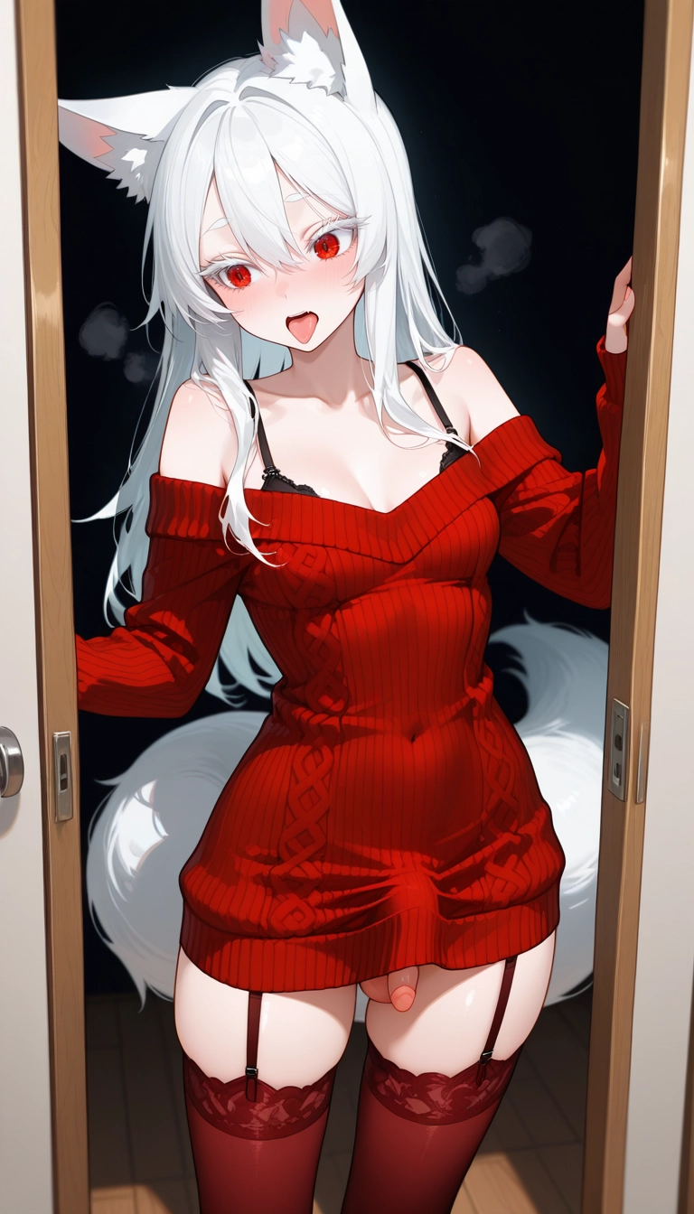 futanari, 1girl, red eyes, solo, animal ears, thighhighs · Yamete.gg