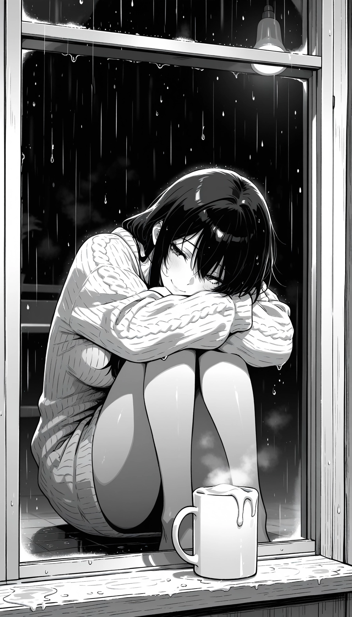 1girl, monochrome, greyscale, rain, solo, sweater · Yamete.gg