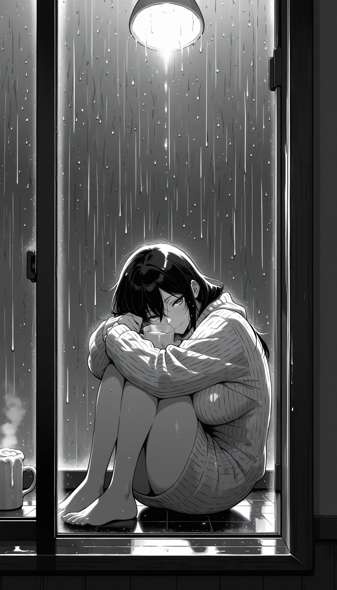 1girl, rain, solo, monochrome, greyscale, barefoot · Yamete.gg