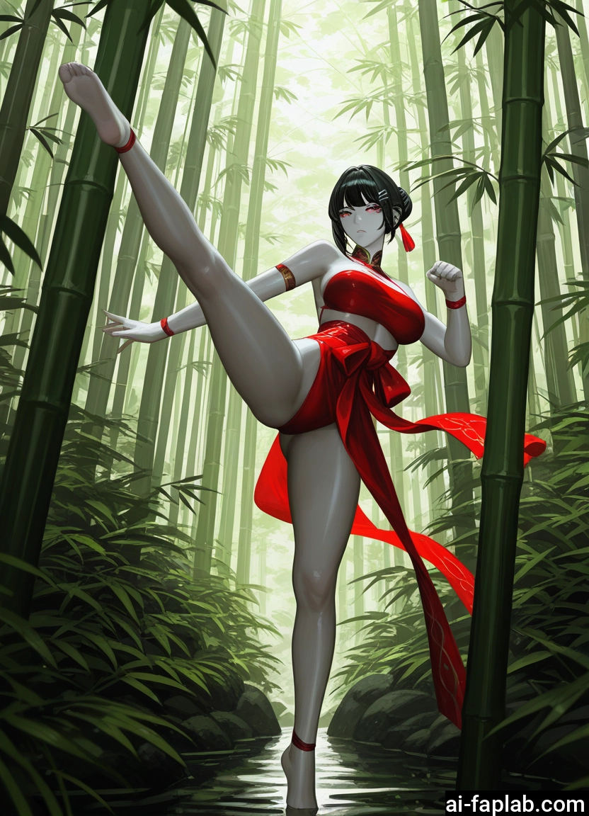 1girl, breasts, red eyes, bamboo, barefoot, solo