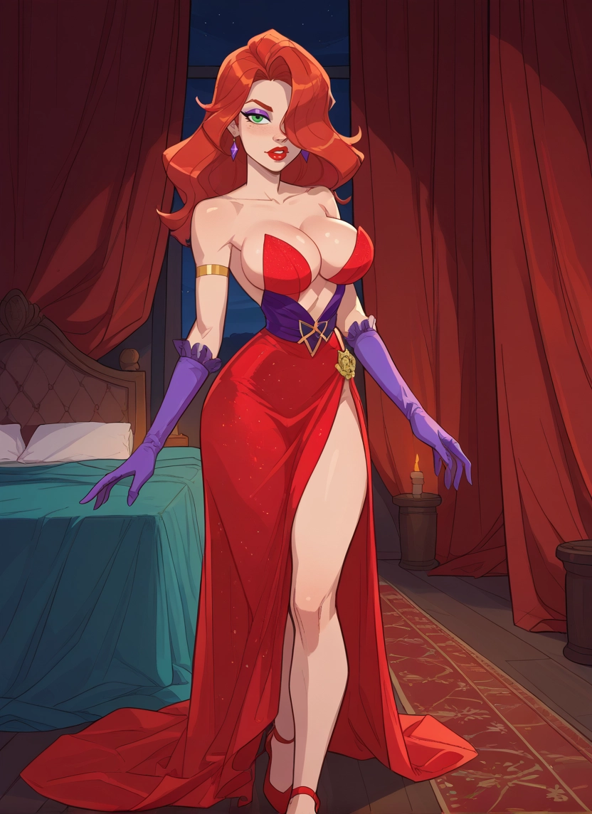 1girl, breasts, gloves, dress, green eyes, hair over one eye · Yamete.gg