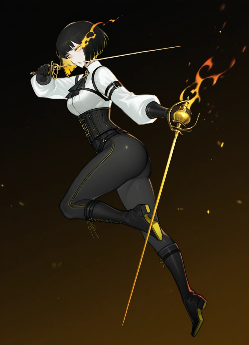 1girl, solo, weapon, shirt, black hair, boots · Yamete.gg