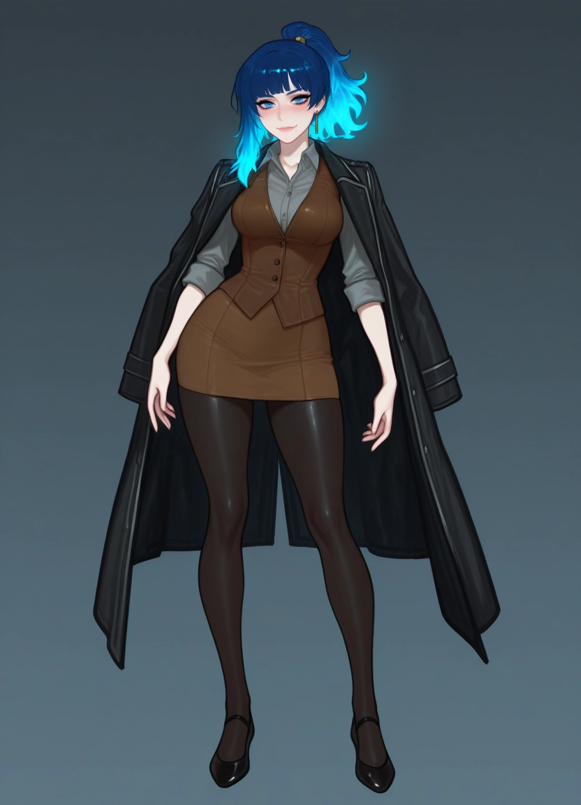 1girl, solo, pantyhose, blue hair, coat, breasts · Yamete.gg