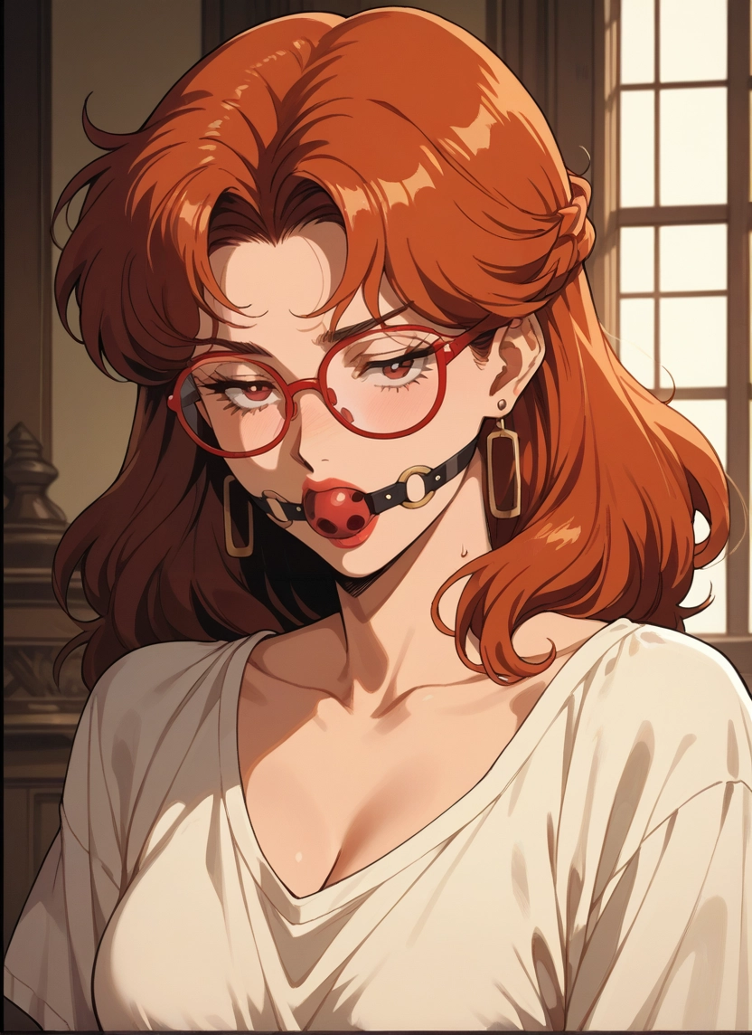 1girl, jewelry, gag, earrings, glasses, ball gag · Yamete.gg
