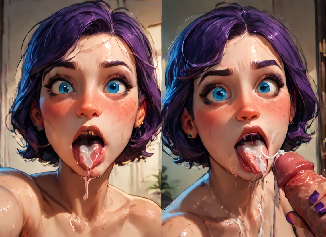 penis, cum, 1girl, cum in mouth, blue eyes, purple hair · Yamete.gg
