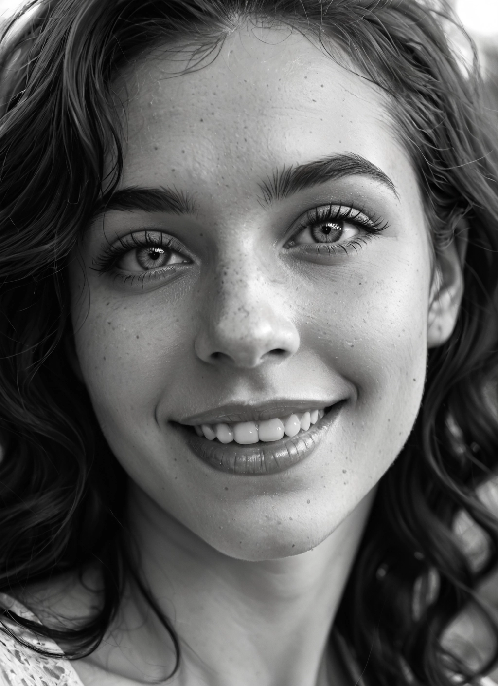 1girl, monochrome, greyscale, solo, smile, freckles · Yamete.gg