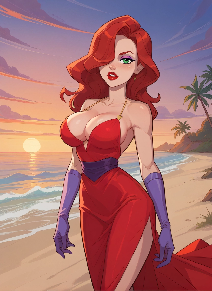 1girl, breasts, gloves, dress, hair over one eye, green eyes · Yamete.gg