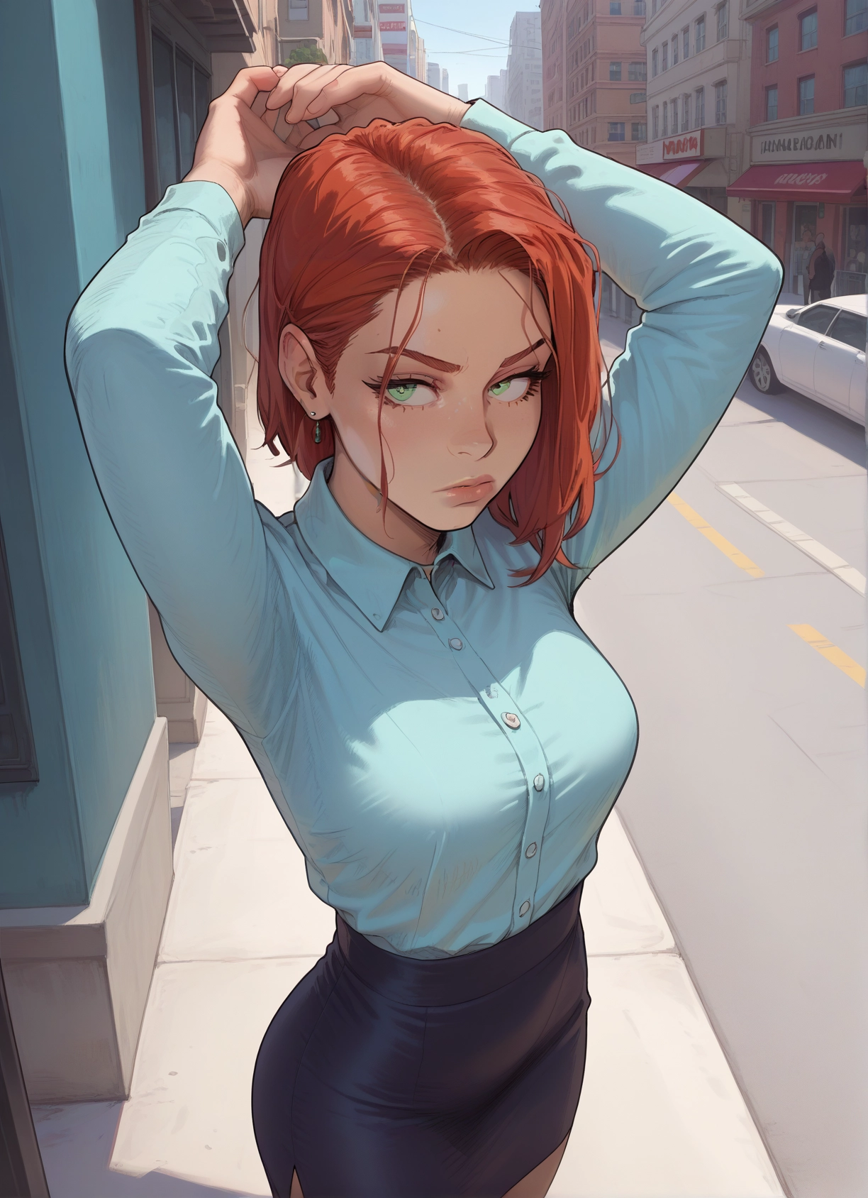 1girl, shirt, skirt, green eyes, solo, arms up · Yamete.gg