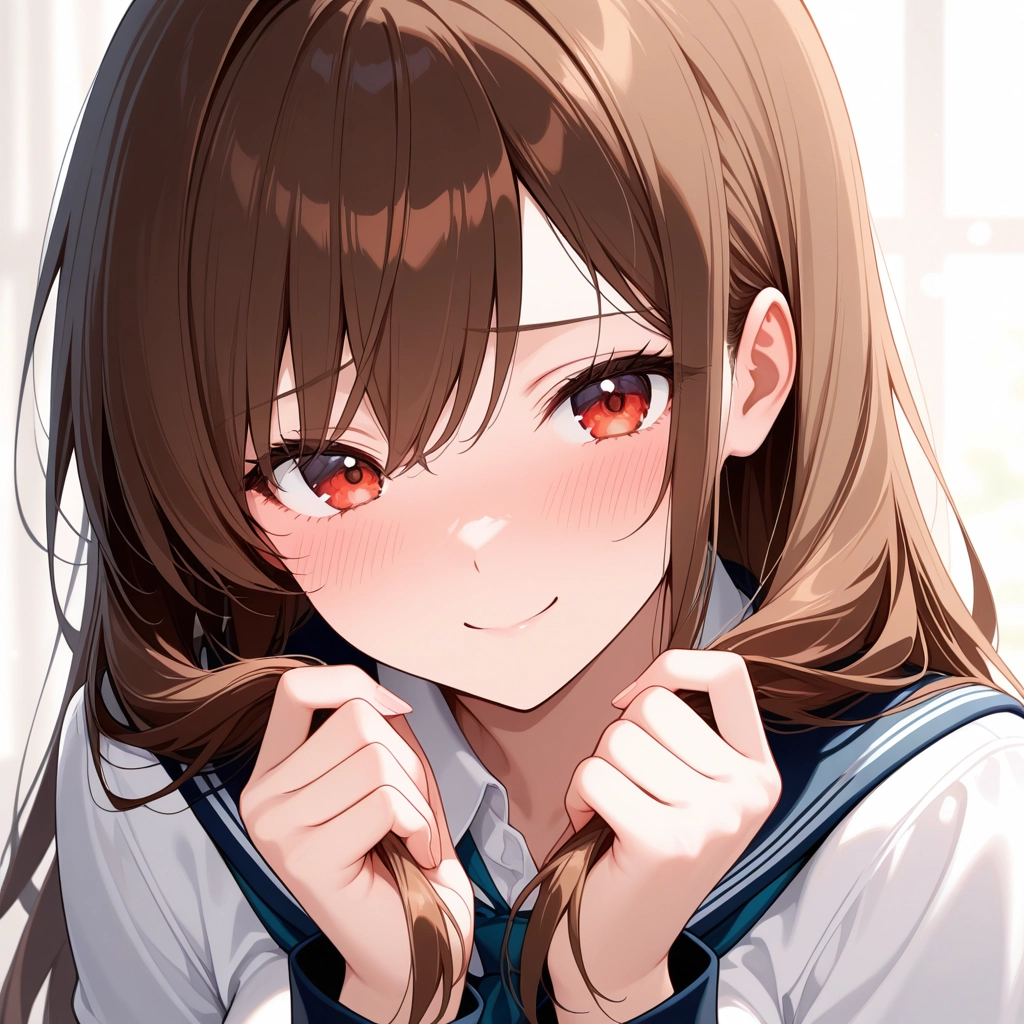 1girl, solo, brown hair, red eyes, long hair, smile · Yamete.gg
