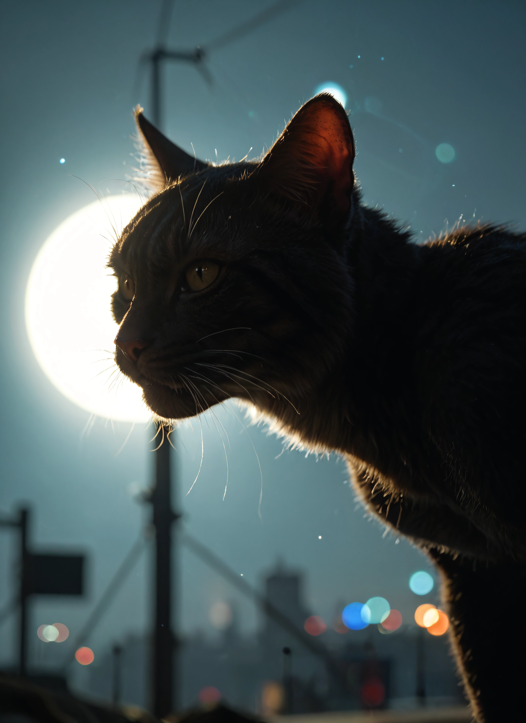 no humans, cat, moon, outdoors, blurry, animal focus · Yamete.gg
